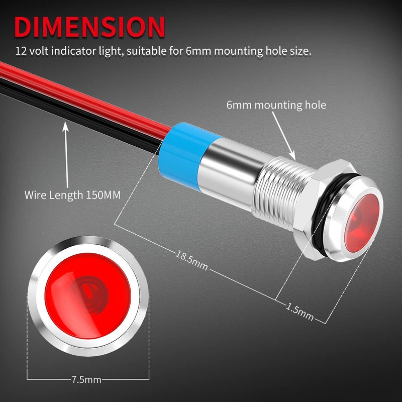 DAIERTEK LED Indicator Light 12V Waterproof Red Signal Light Waterproof 6MM 1/4" Metal 12 Volt Panel LED Indicator Signal Light Panel Mount Flat Head with Wires Silver Shell -3Pcs - Image 2